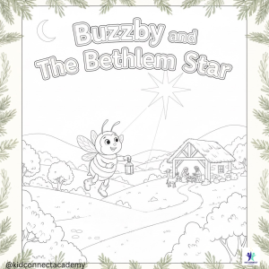 Buzzby and the Bethlehem Star coloring page showing Buzzby the bumblebee following the glowing star toward Bethlehem in a simple nativity-themed illustration.