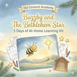 Buzzby and the Bethlehem Star 5-Day Learning Kit Cover featuring Buzzby the bumblebee following the shining Bethlehem Star in a peaceful Christmas meadow