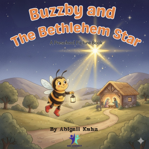 Book cover of Buzzby and the Bethlehem Star by Abigail Kuhn showing Buzzby the bumblebee following a glowing star toward Bethlehem.