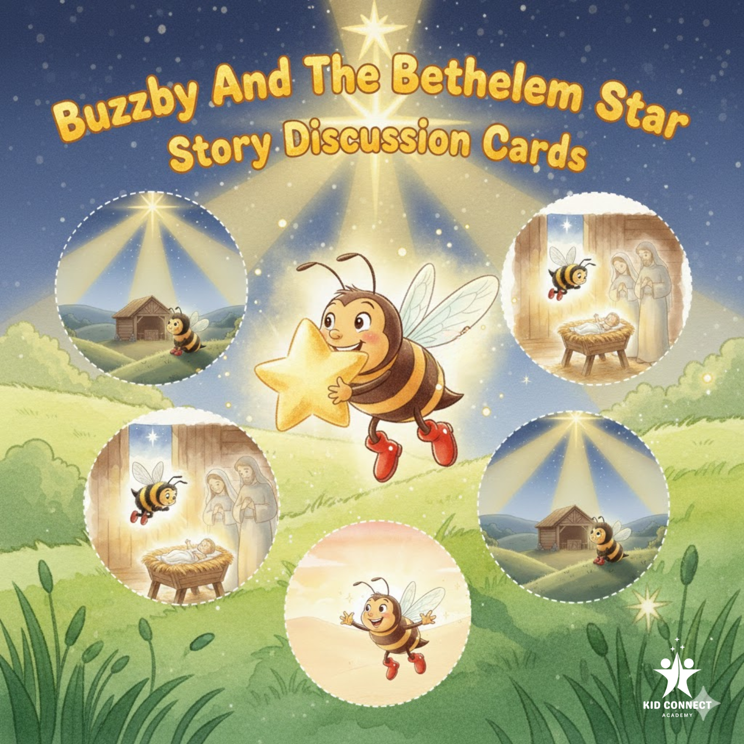 Buzzby and the Bethlehem Star Discussion Cards featuring Buzzby the bumblebee, the glowing Bethlehem Star, and soft watercolor Christmas imagery