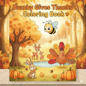 Buzzby Gives Thanks Coloring Book – printable Thanksgiving coloring pages featuring Buzzby the Bumblebee and woodland friends in autumn scenes.