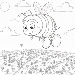Black and white Buzzby the Bumblebee coloring page featuring a smiling bee flying over a large flower meadow under a sunny sky with clouds.