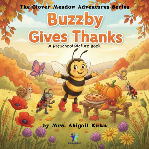 Book cover of Buzzby Gives Thanks by Abigail Kuhn, a Christian Thanksgiving picture book featuring Buzzby the bumblebee in a fall meadow.