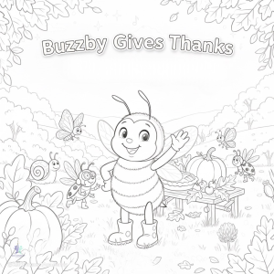 Black and white Buzzby Gives Thanks coloring page featuring Buzzby the Bumblebee waving in a fall meadow with pumpkins, woodland friends, and a harvest table.