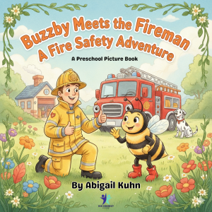 Book cover of Buzzby Meets the Fireman by Abigail Kuhn showing Buzzby the bumblebee with Fireman Fred teaching kid-friendly fire safety.