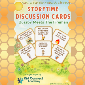 Storytime Discussion Cards for Buzzby Meets the Fireman featuring illustrated question cards about bravery, fire safety, and reading comprehension for preschoolers.”