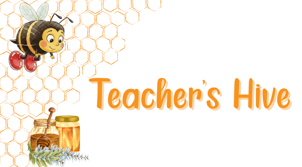 “Watercolor illustration of a cheerful bee with red shoes flying over a honeycomb background, next to jars of honey and greenery, with the text ‘Teacher’s Hive’ in bold orange script. Branding header for a faith-based early childhood teacher resource hub.”