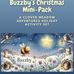 Buzzby’s Christmas Mini-Pack printable activity set featuring watercolor Bethlehem Star cover and preview pages including tracing sheets, nativity seek & find, and Christmas coloring pages.”