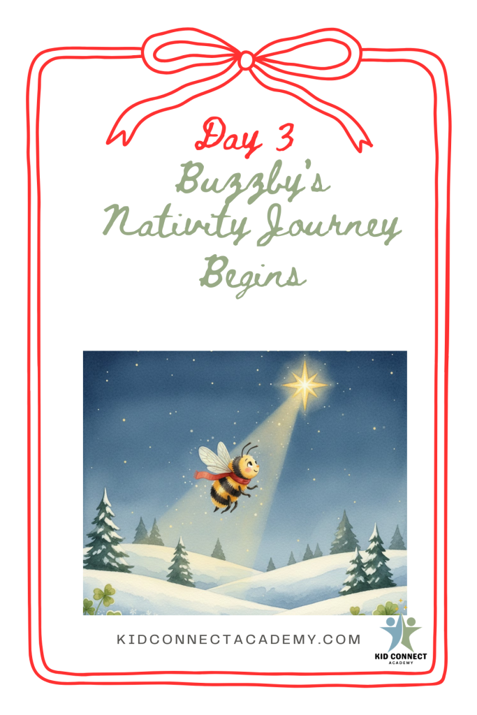 Illustration of Buzzby the Bumblebee beginning his Nativity journey at night. Buzzby flies over snowy rolling hills in Clover Meadow, looking toward the glowing Bethlehem Star in a deep blue sky. He wears a cozy scarf as golden light guides his way. Evergreen trees, scattered stars, and gentle snowfall add warmth and wonder. Keywords: Buzzby’s Nativity Journey, Clover Meadow Adventures, Bethlehem Star, Christian children’s Christmas book, preschool storytime.