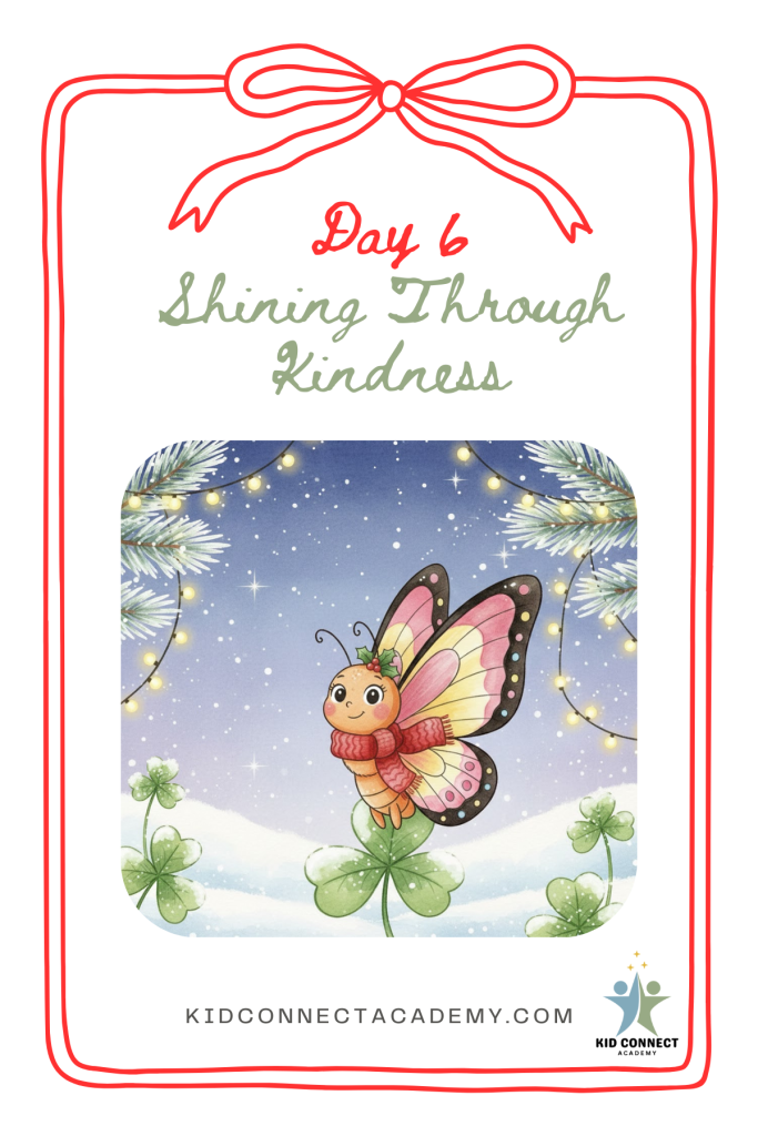Day 6 of Christmas in Clover Meadow featuring a gentle woodland character in a cozy winter scene with soft snow, twinkle lights, and warm colors, highlighting kindness and friendship during the Christmas season.