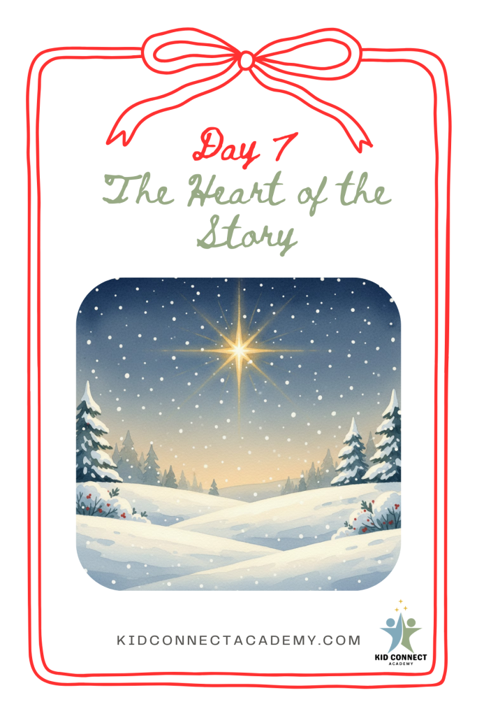 Day 7 of Christmas in Clover Meadow graphic showing a peaceful winter night with the Bethlehem Star glowing softly over a quiet meadow, representing calm, faith, and the heart of the Christmas story.