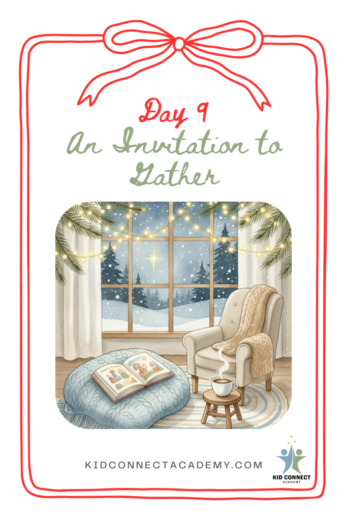 Day 9 of Christmas in Clover Meadow graphic showing a cozy Christmas storytime scene with an open book, warm lights, and a peaceful winter atmosphere.