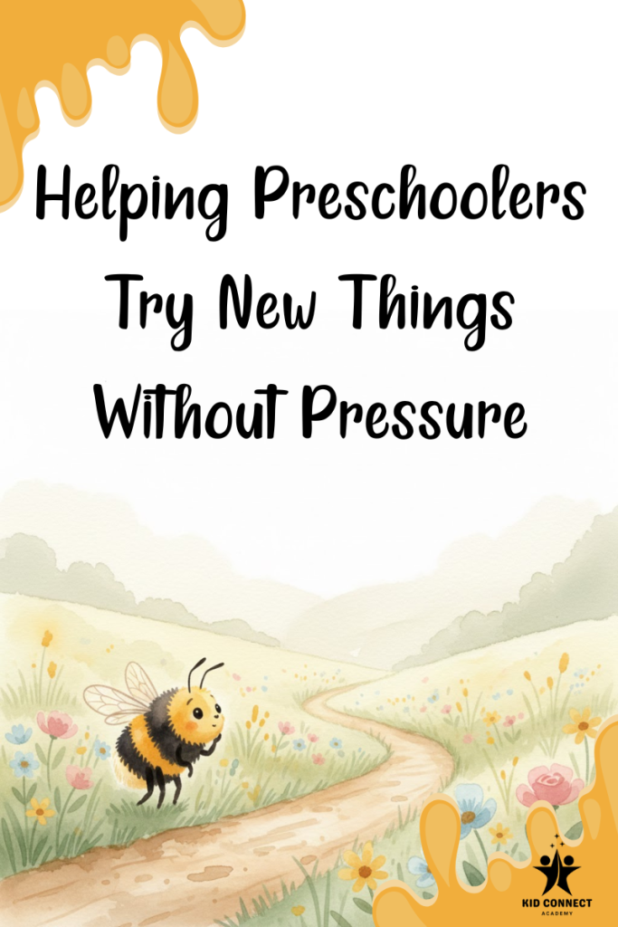 Watercolor illustration of a gentle bumblebee standing on a meadow path, pausing before taking a small step forward. Soft wildflowers, green grass, and warm morning light surround the scene, creating a calm and encouraging atmosphere that represents preschoolers learning to try new things with confidence.