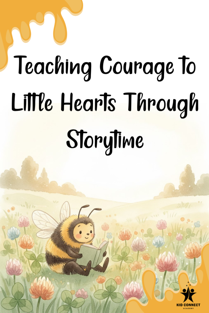 Watercolor illustration of a gentle bumblebee sitting peacefully with an open book in a quiet meadow, surrounded by soft flowers and warm light, representing storytime as a safe way for preschoolers to build courage.