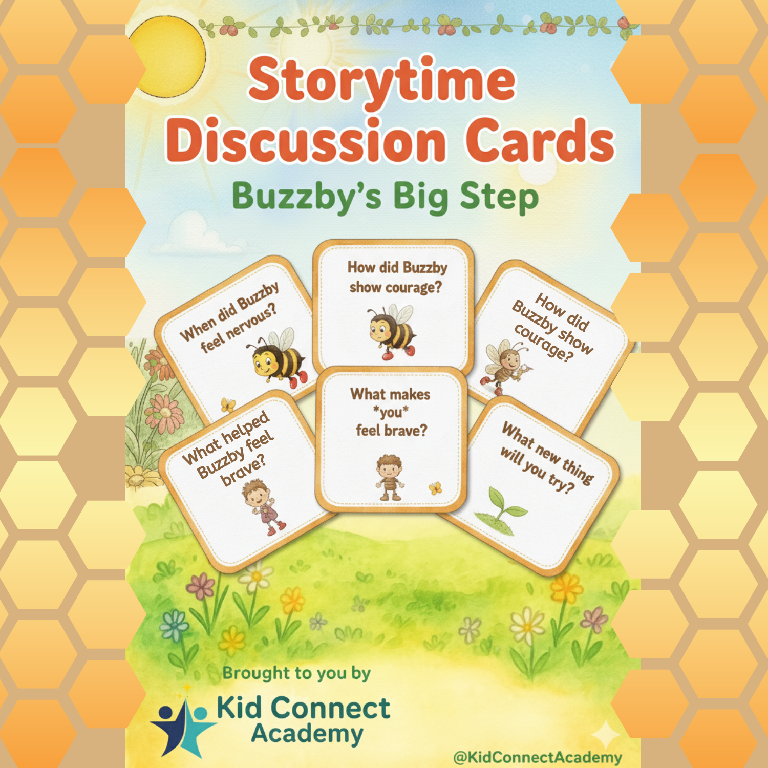 Storytime Discussion Cards for Buzzby’s Big Step featuring illustrated question cards with Buzzby the bumblebee and Clover Meadow artwork, created by Kid Connect Academy.
